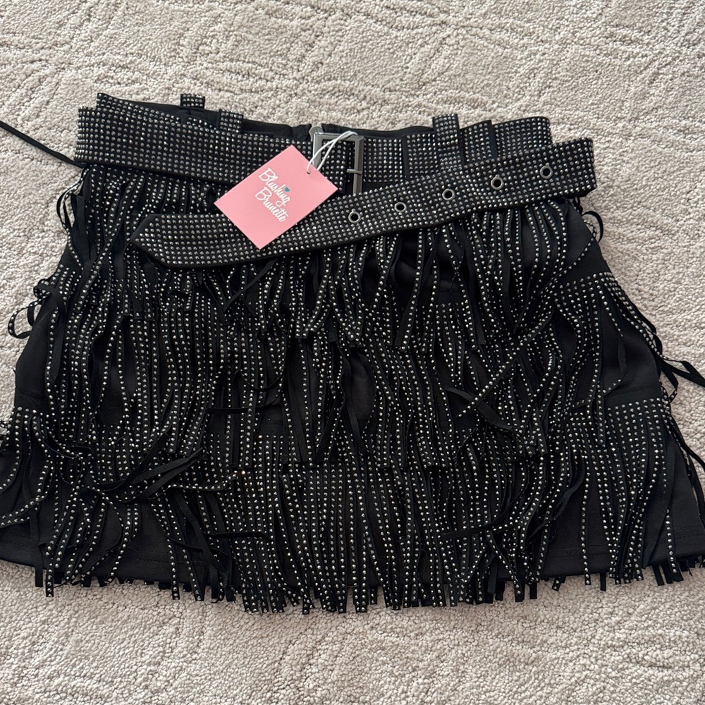 Beaded Fringe Mini Skirt with Studded Belt - Black